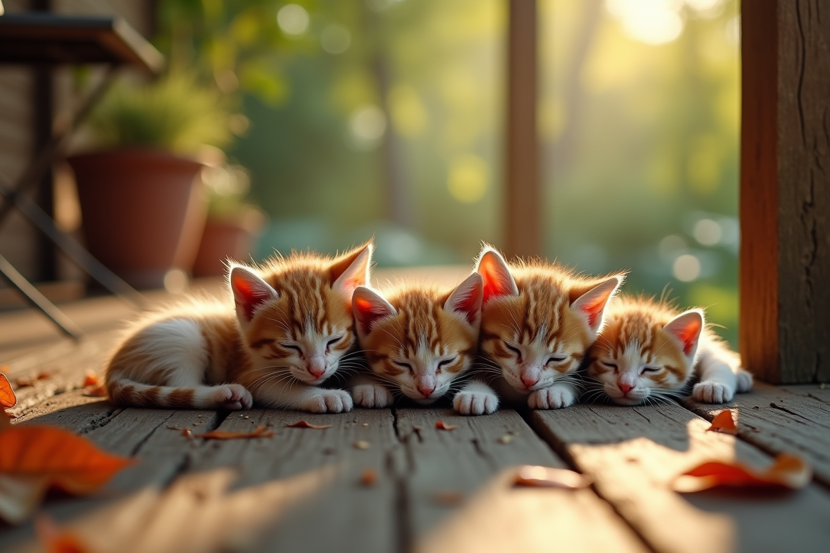 Groupe de chatons sauvages sur une terrasse ensoleillée