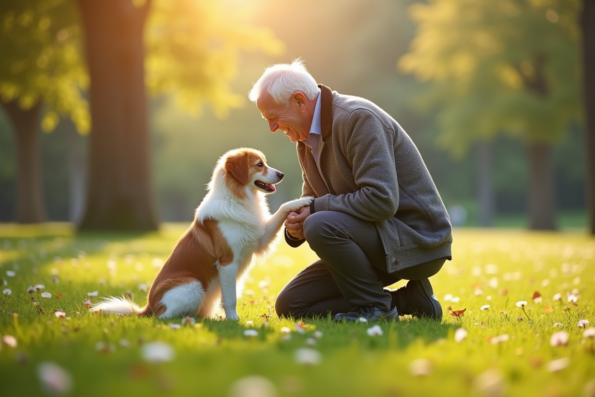 Homme souriant avec son chien dans un parc en fleurs au matin