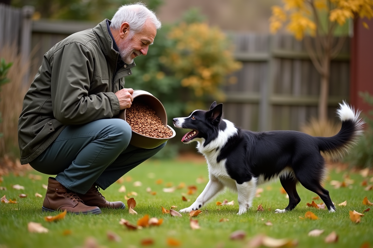 Homme âgé avec un bol de croquettes pour un chien dans le jardin