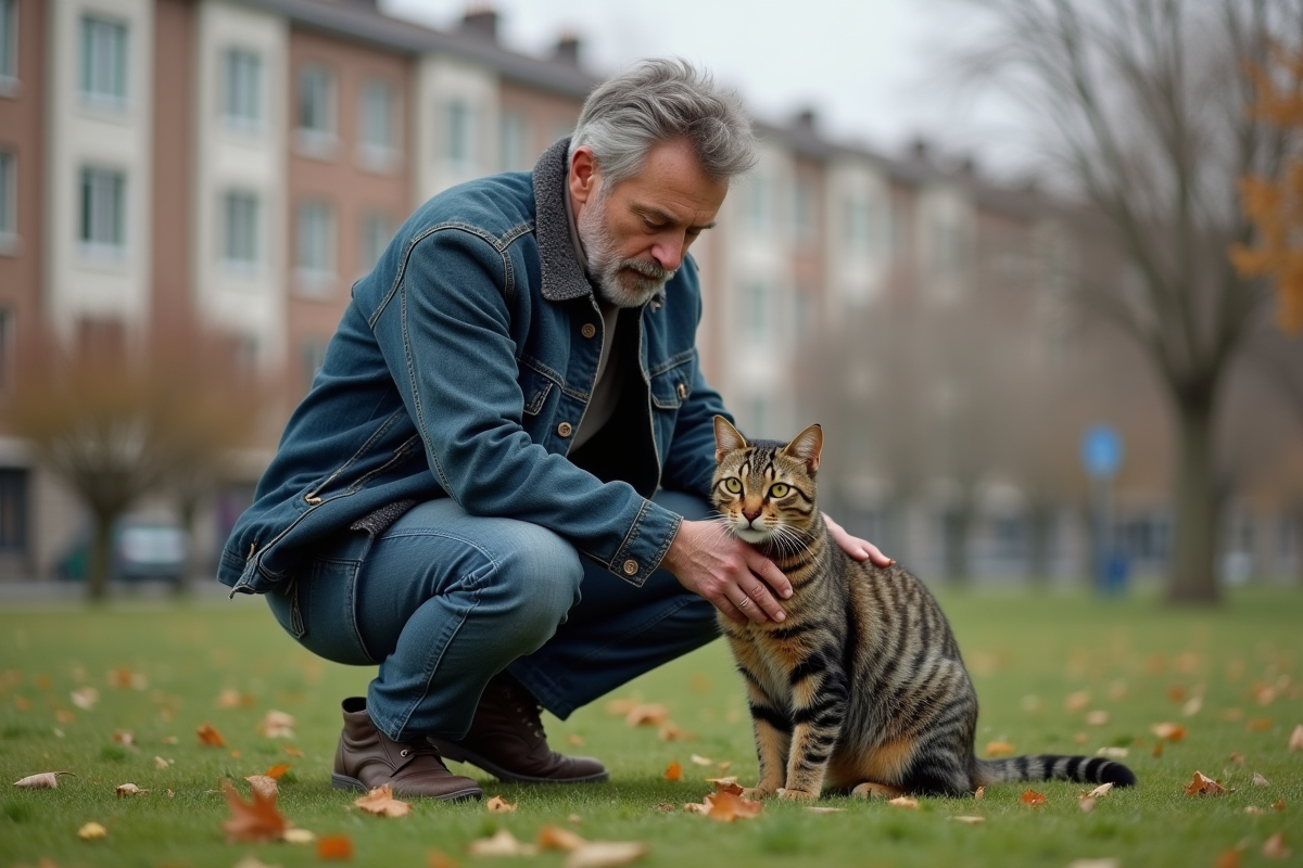 Homme avec un chat tabby dans un parc urbain en automne