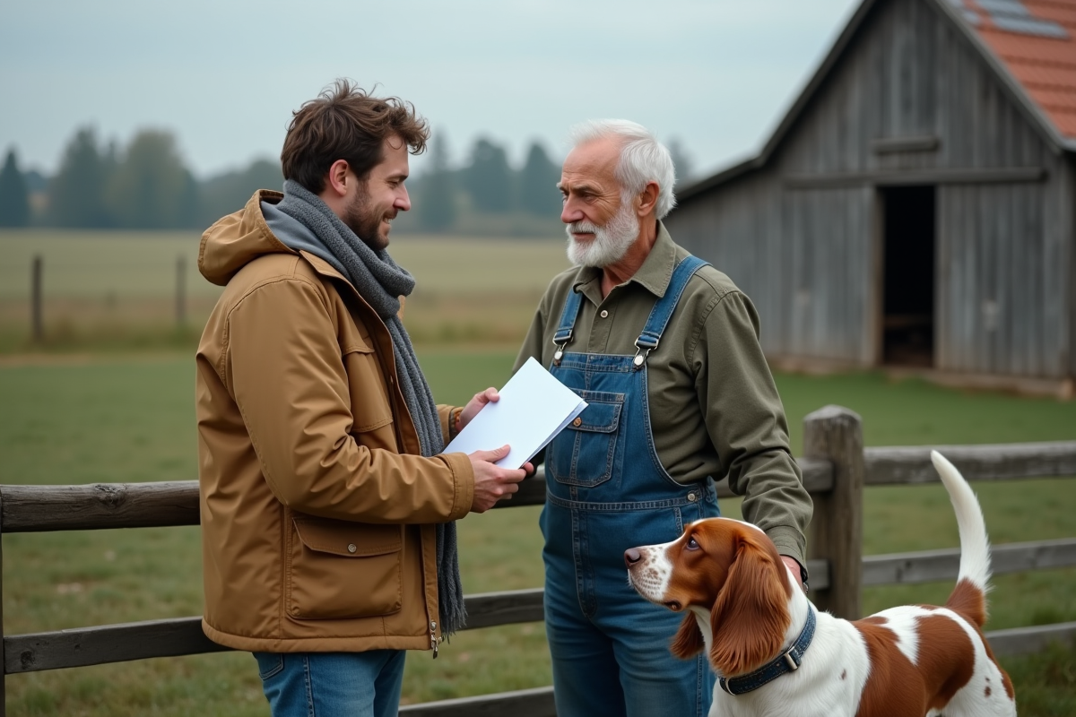Homme et fermier échangeant documents en extérieur avec chien