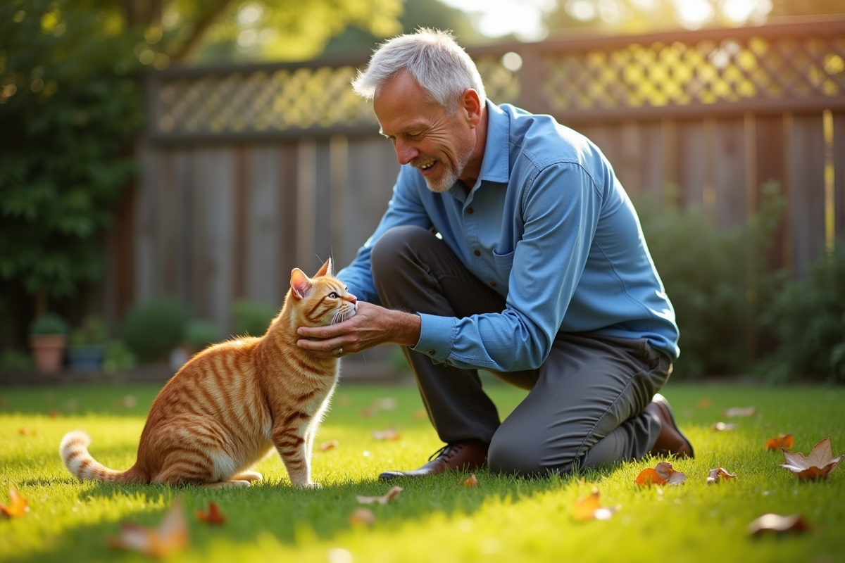 Homme jouant avec son chat dans un jardin ensoleille
