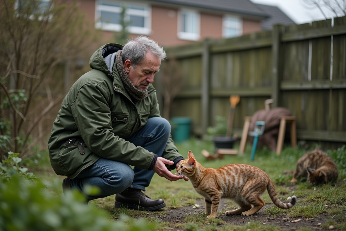 Homme offrant nourriture à un chat dans le jardin