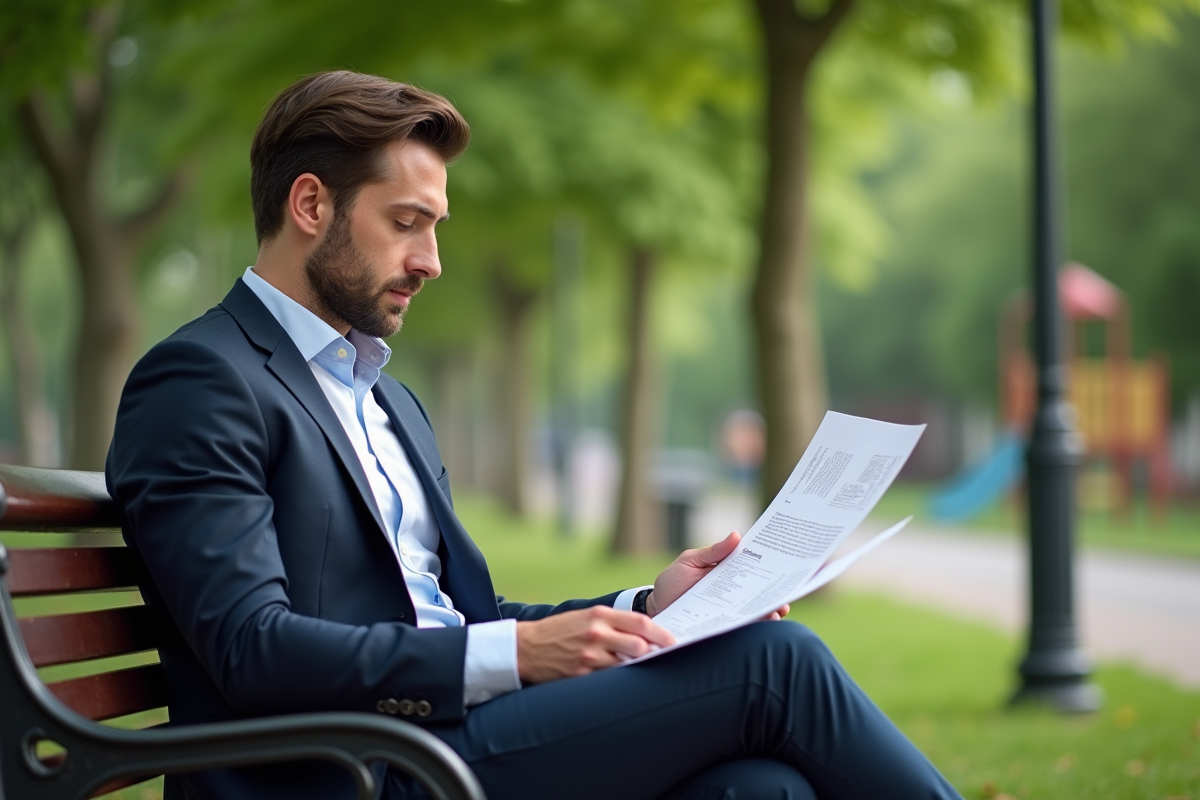 Homme en plein air lisant des documents dans un parc verdoyant