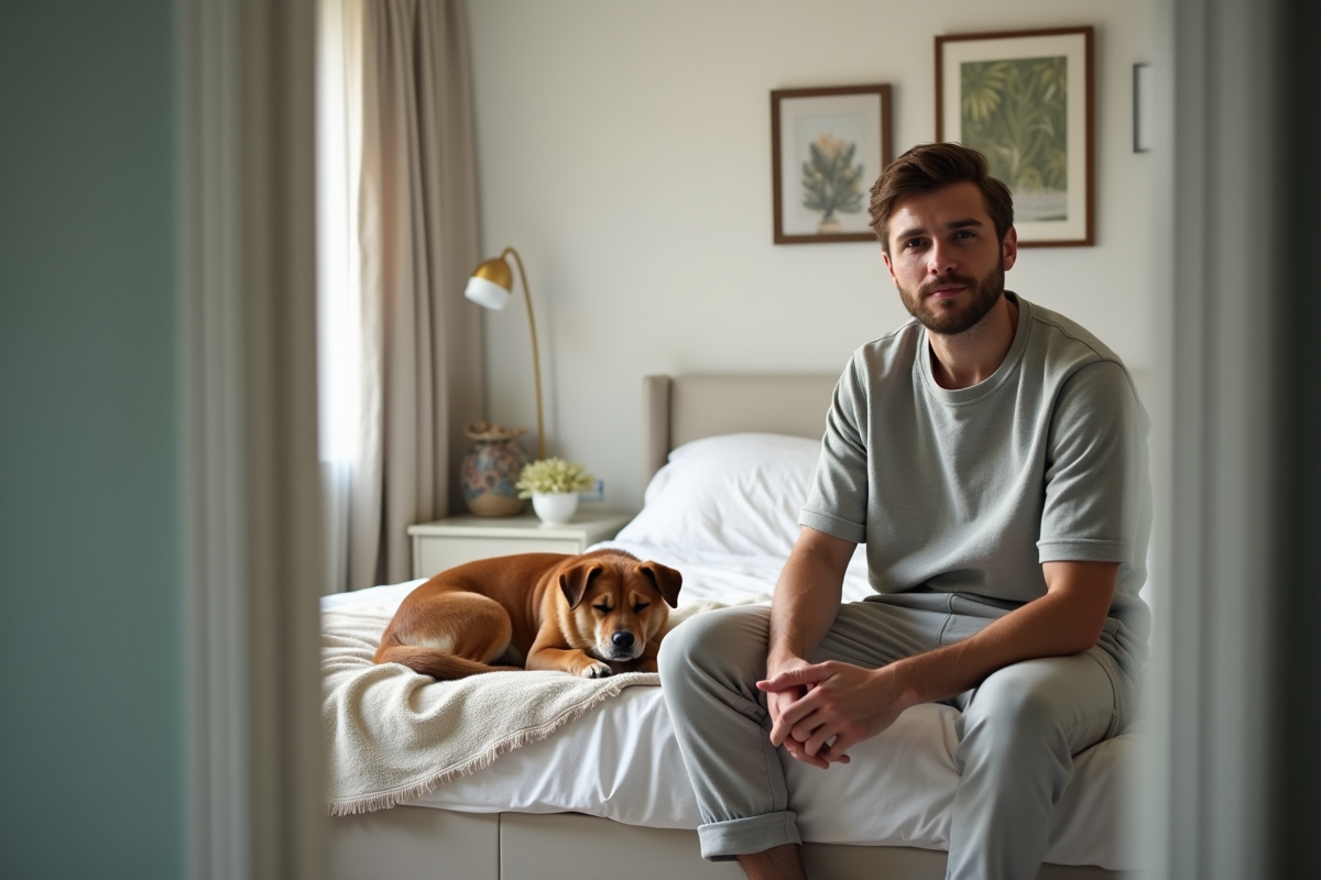 Jeune homme regarde son chien dormir dans la chambre
