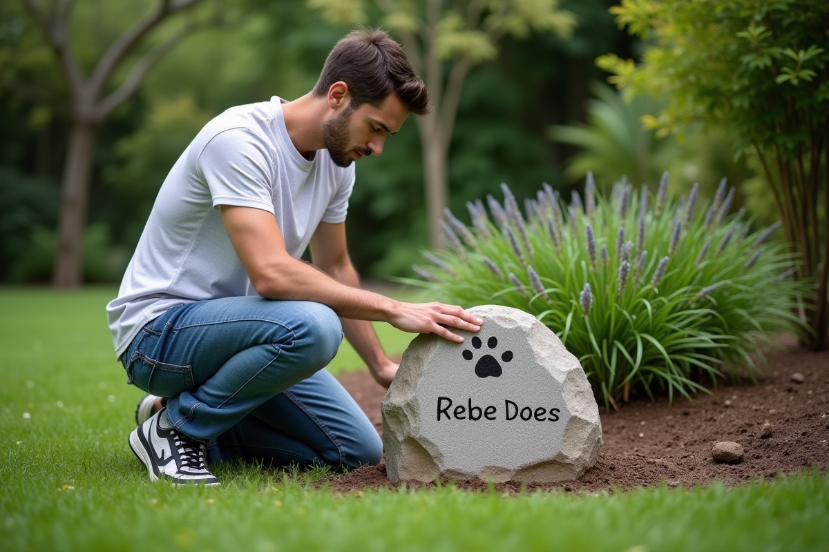 Jeune homme devant une pierre tombale de chien dans le jardin