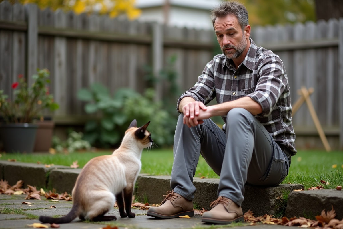 Homme assis avec chat siamois sur les escaliers