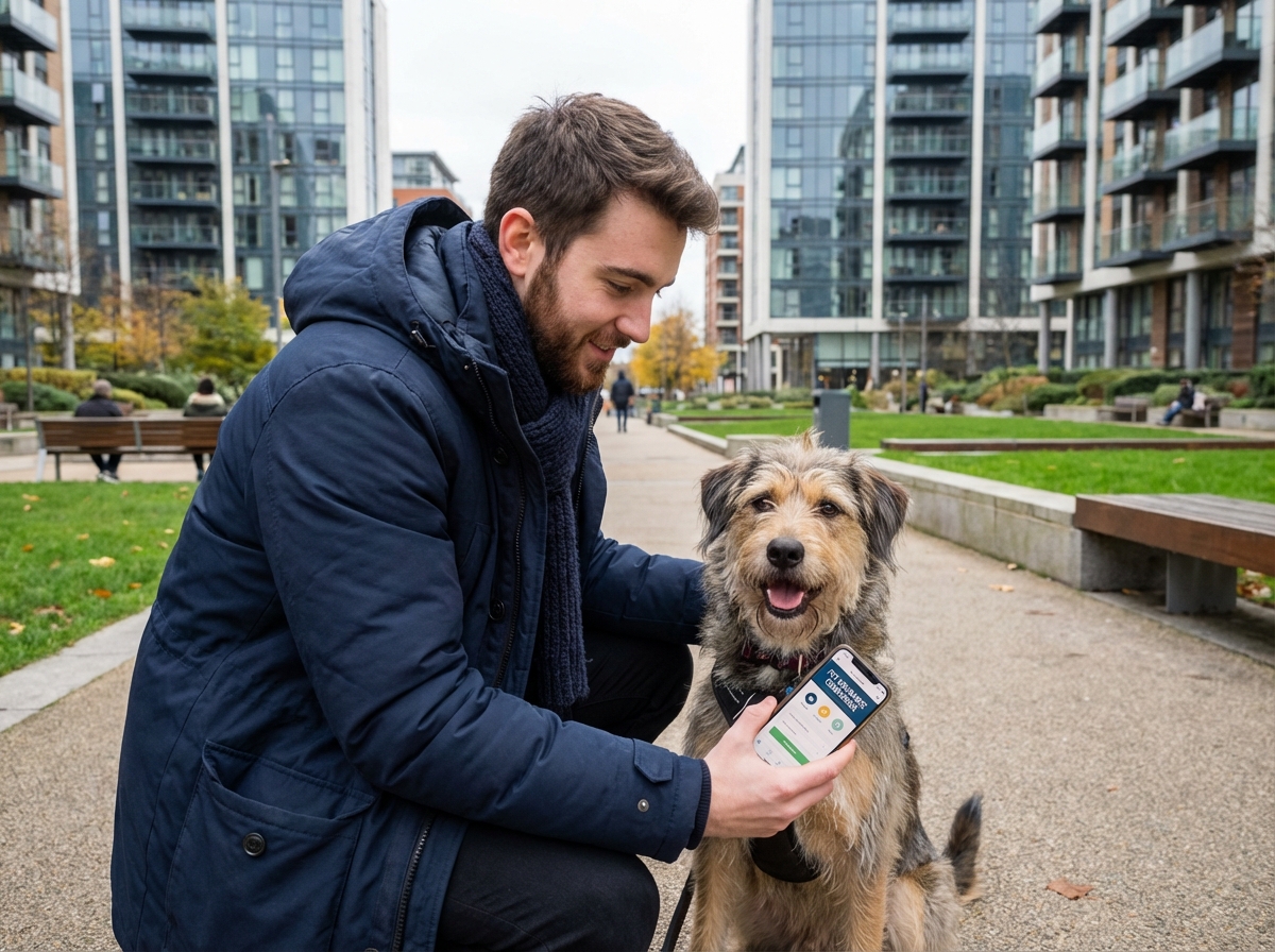 Homme dans un parc urbain avec son chien regardant un téléphone