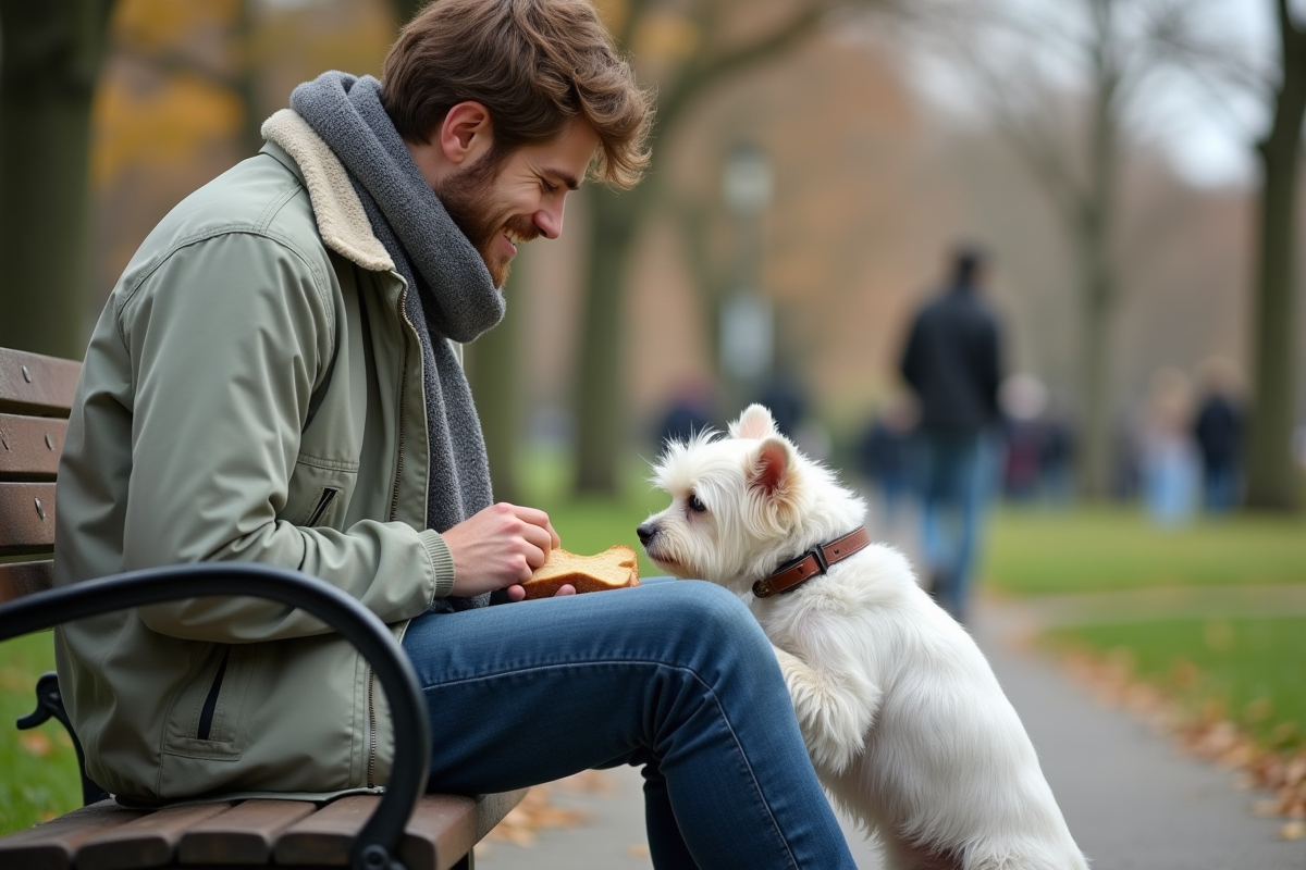 Jeune homme dans un parc avec son chien blanc curieux de pain