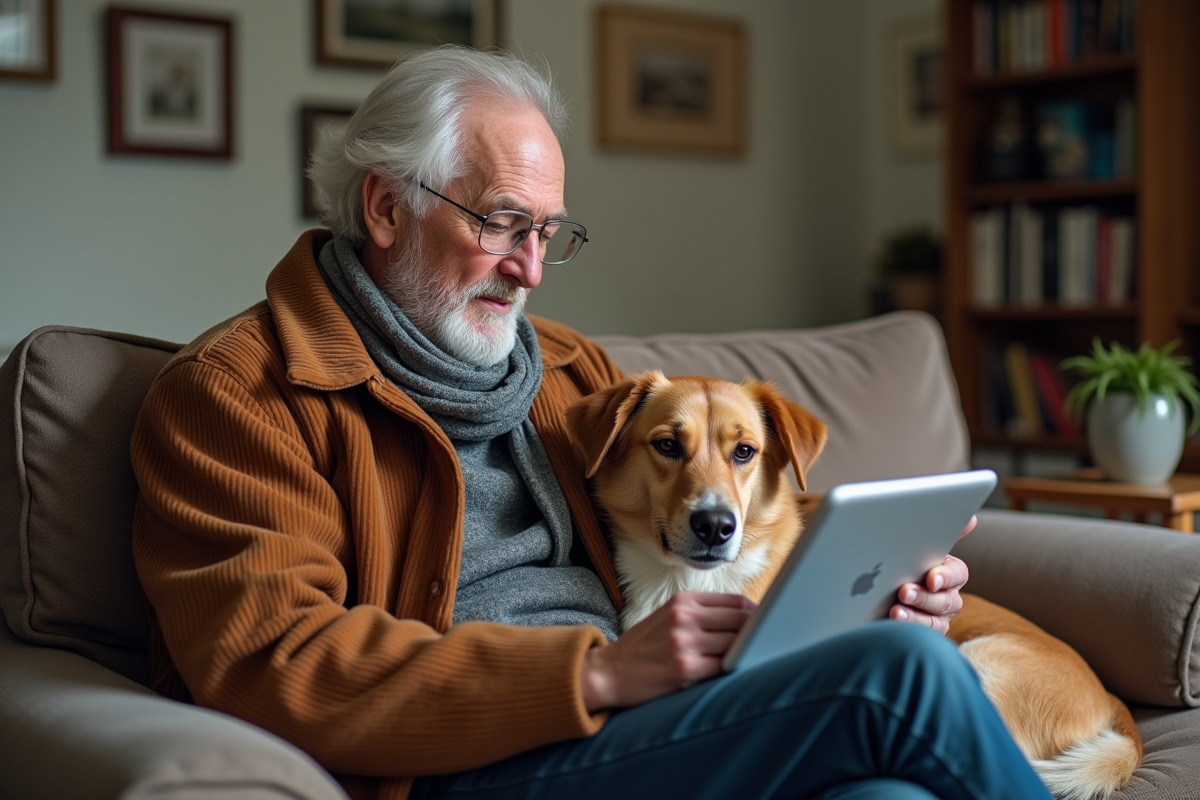 Homme âgé avec chien regardant tablette d