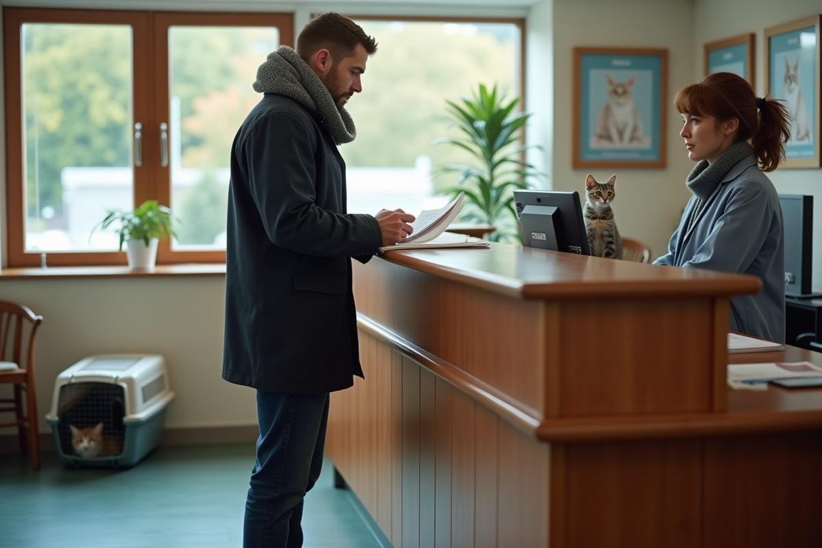 Homme remettant des papiers à une réceptionniste vétérinaire
