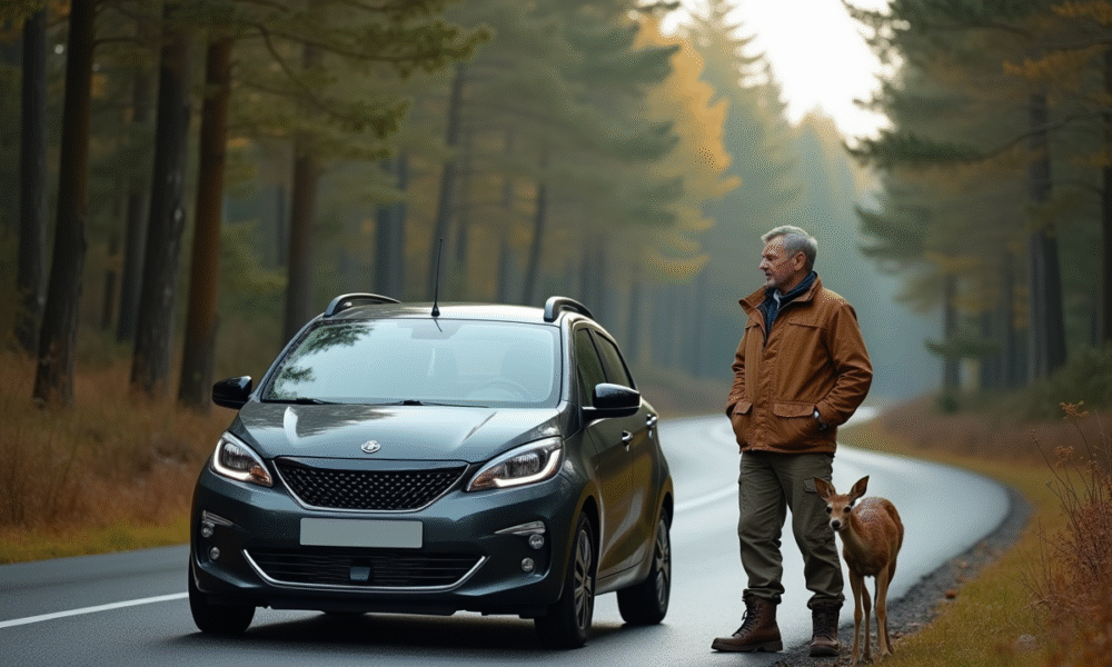Homme en extérieur regarde un chevreuil au bord de la route