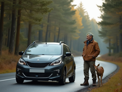 Homme en extérieur regarde un chevreuil au bord de la route