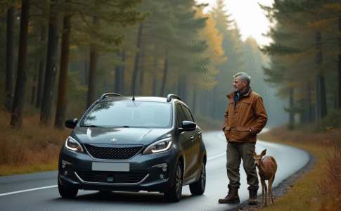 Homme en extérieur regarde un chevreuil au bord de la route