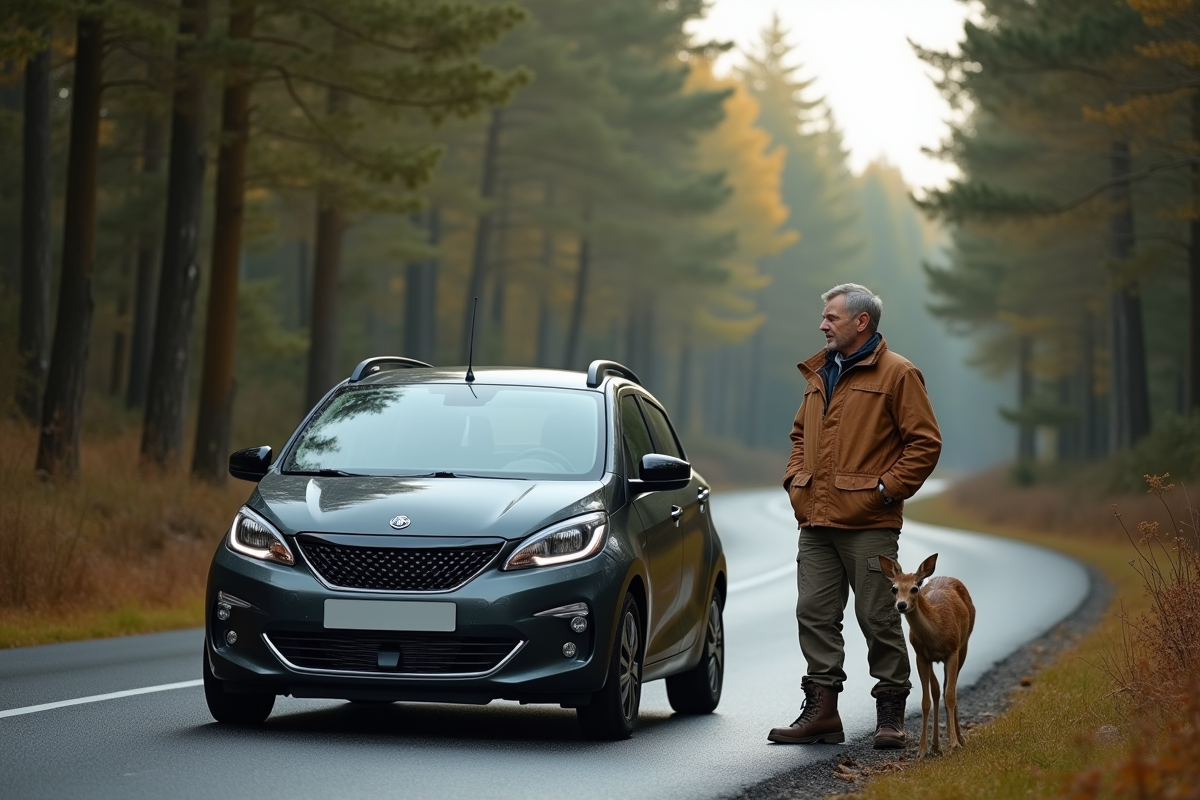 Homme en extérieur regarde un chevreuil au bord de la route