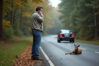 Homme inquiet au téléphone près de sa voiture et un cerf sauvage