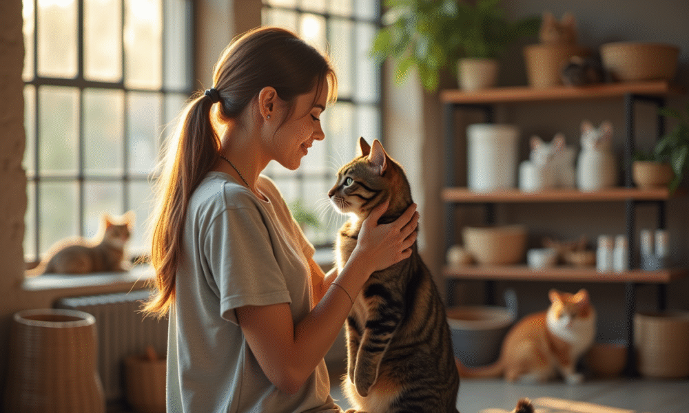 Jeune femme caressant un chat tigré dans un refuge moderne