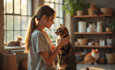 Jeune femme caressant un chat tigré dans un refuge moderne