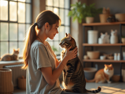 Jeune femme caressant un chat tigré dans un refuge moderne