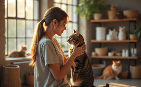 Jeune femme caressant un chat tigré dans un refuge moderne