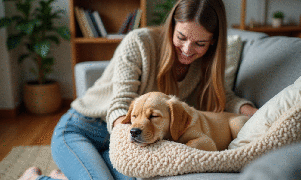 Jeune femme avec un chiot golden retriever dans un salon chaleureux