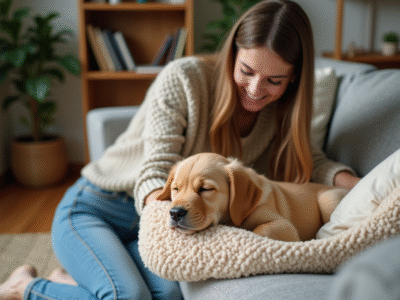 Jeune femme avec un chiot golden retriever dans un salon chaleureux