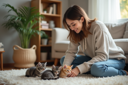 Jeune femme observant des chatons nouveau-nés dans un salon