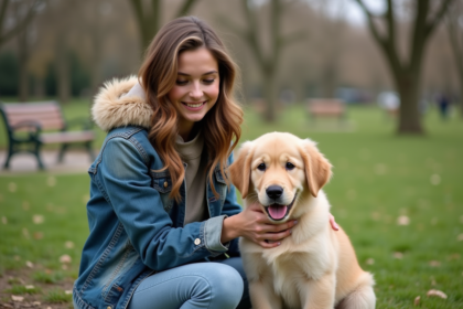 Jeune femme avec chien dans un parc en plein air