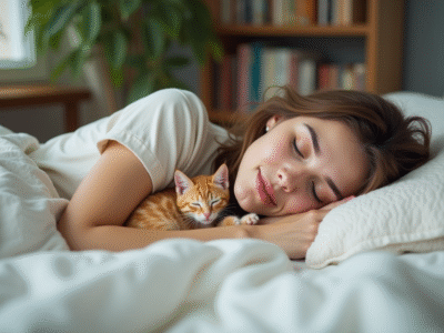 Jeune femme dormant paisiblement avec un chaton orange