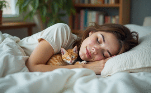 Jeune femme dormant paisiblement avec un chaton orange