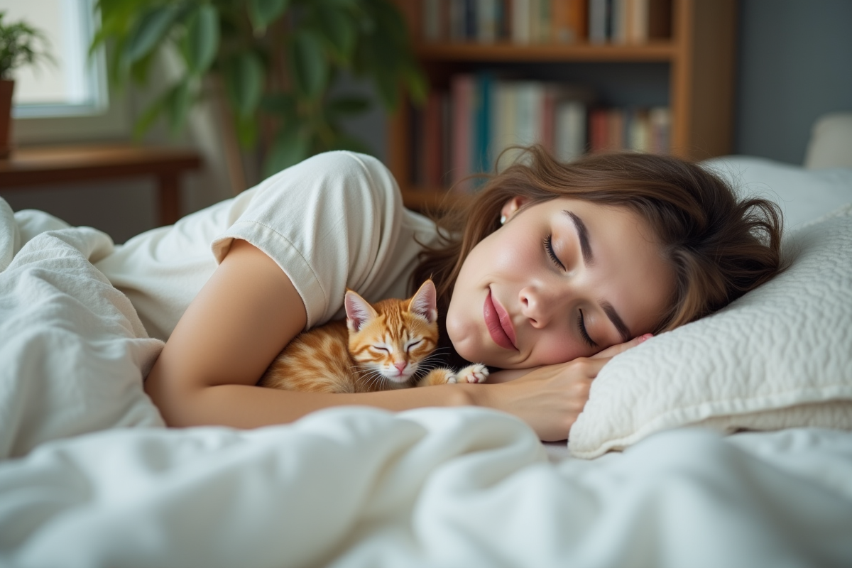 Jeune femme dormant paisiblement avec un chaton orange