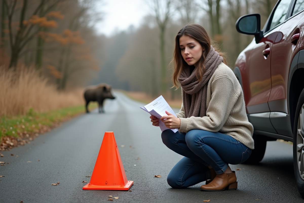 Jeune femme inspectant sa voiture après un accident rural