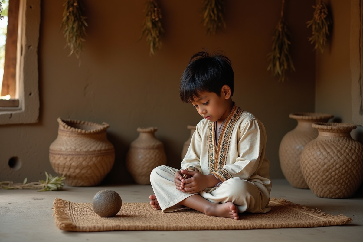 Jeune garçon regardant un artefact dans une maison
