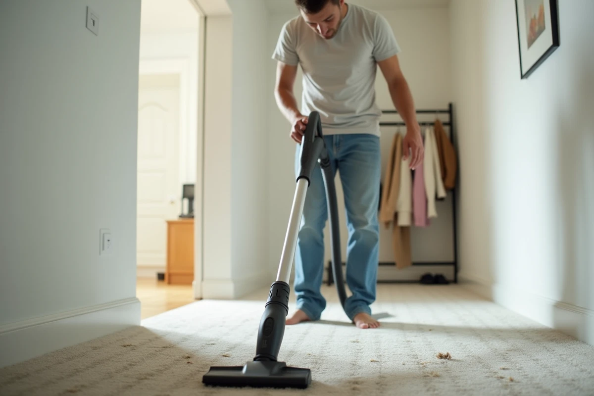 Jeune homme utilisant un aspirateur pour enlever des poils