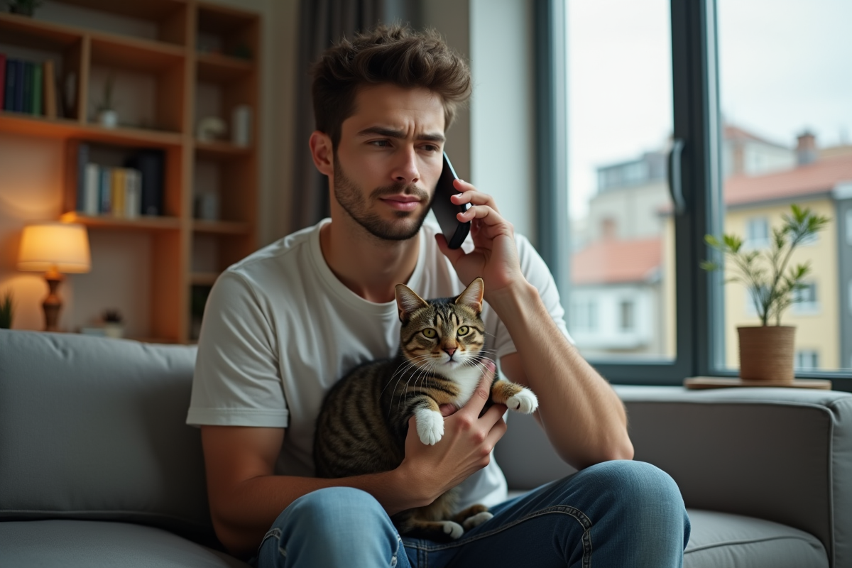 Jeune homme avec chat blessé dans un appartement