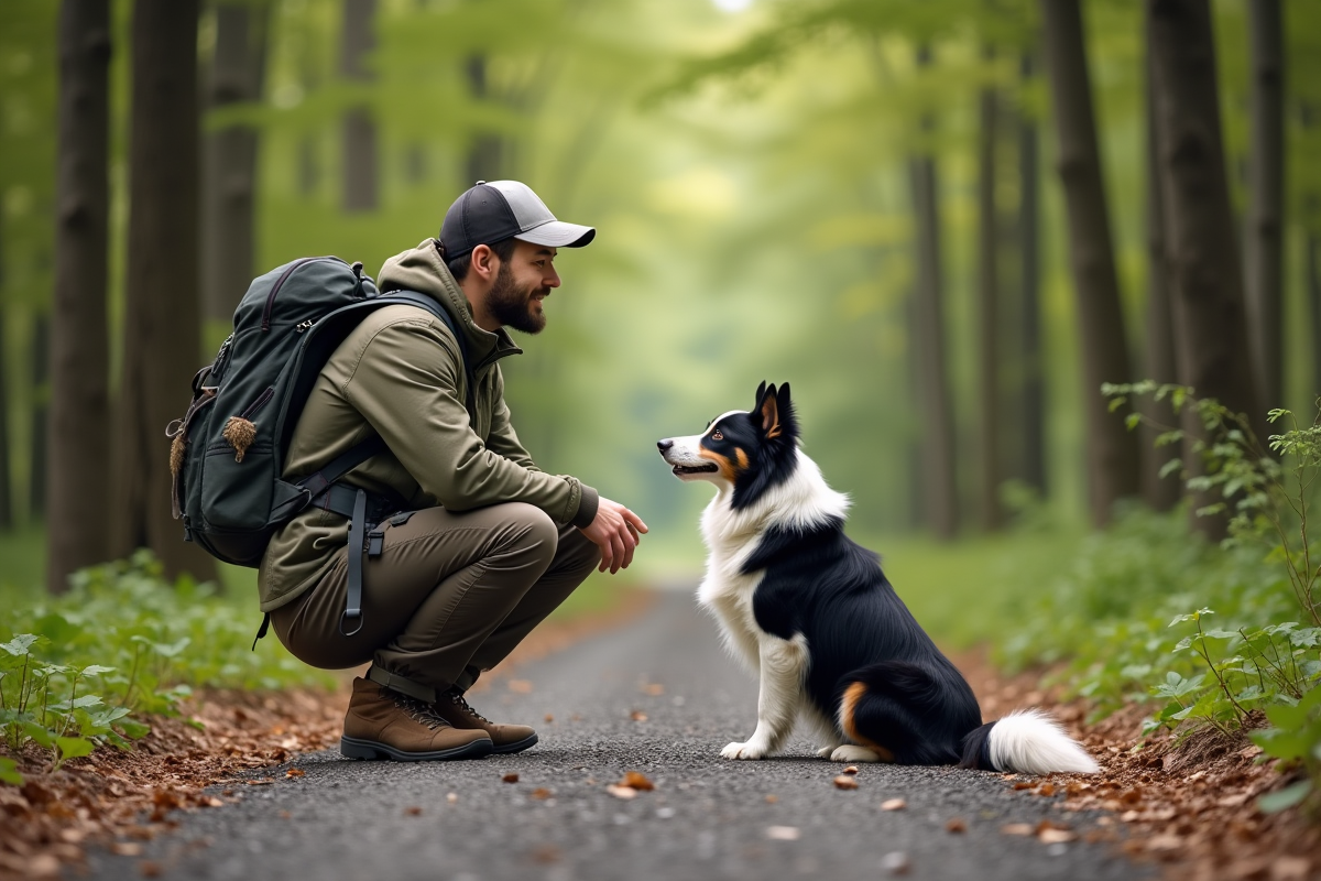Jeune homme en tenue de randonnée avec border collie en forêt