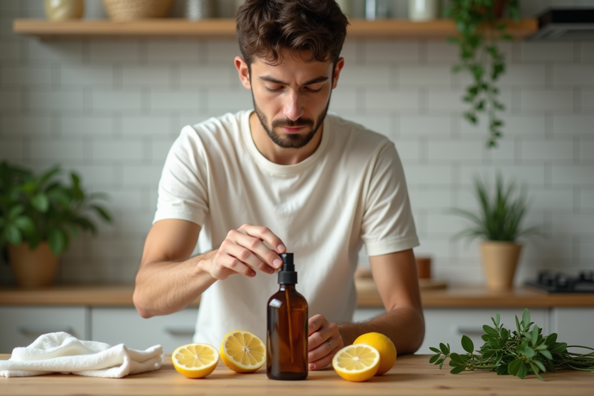 Jeune homme préparant un spray aux agrumes en cuisine