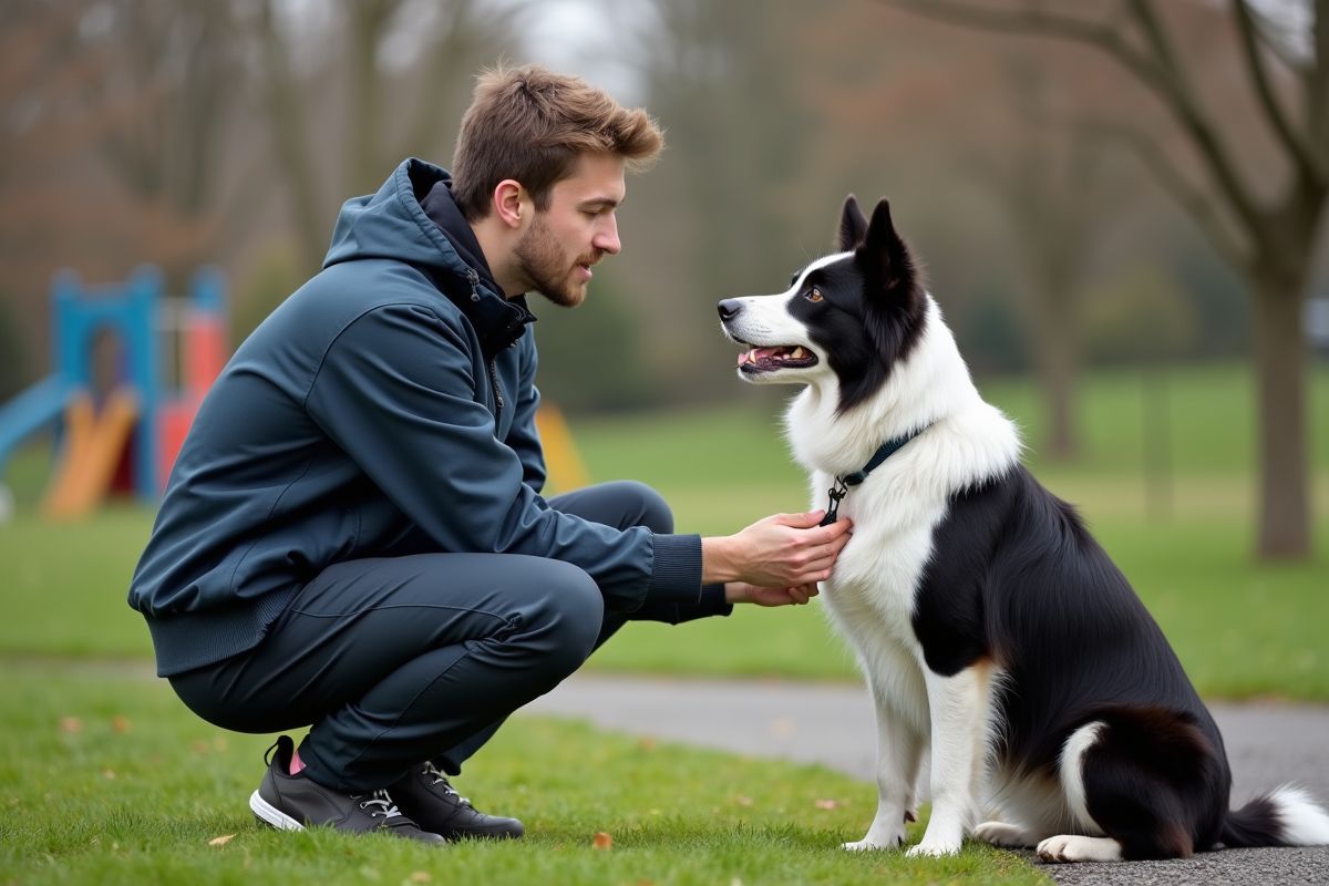 Jeune homme entraînant un border collie dans un parc