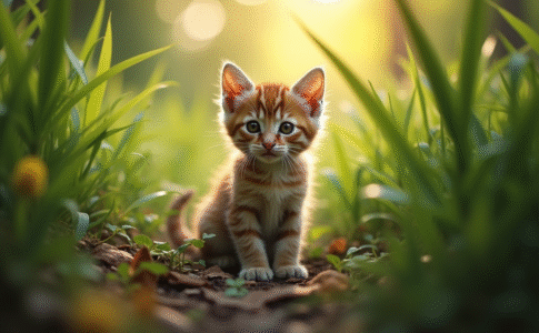 Jeune chat sauvage dans la forêt matinale