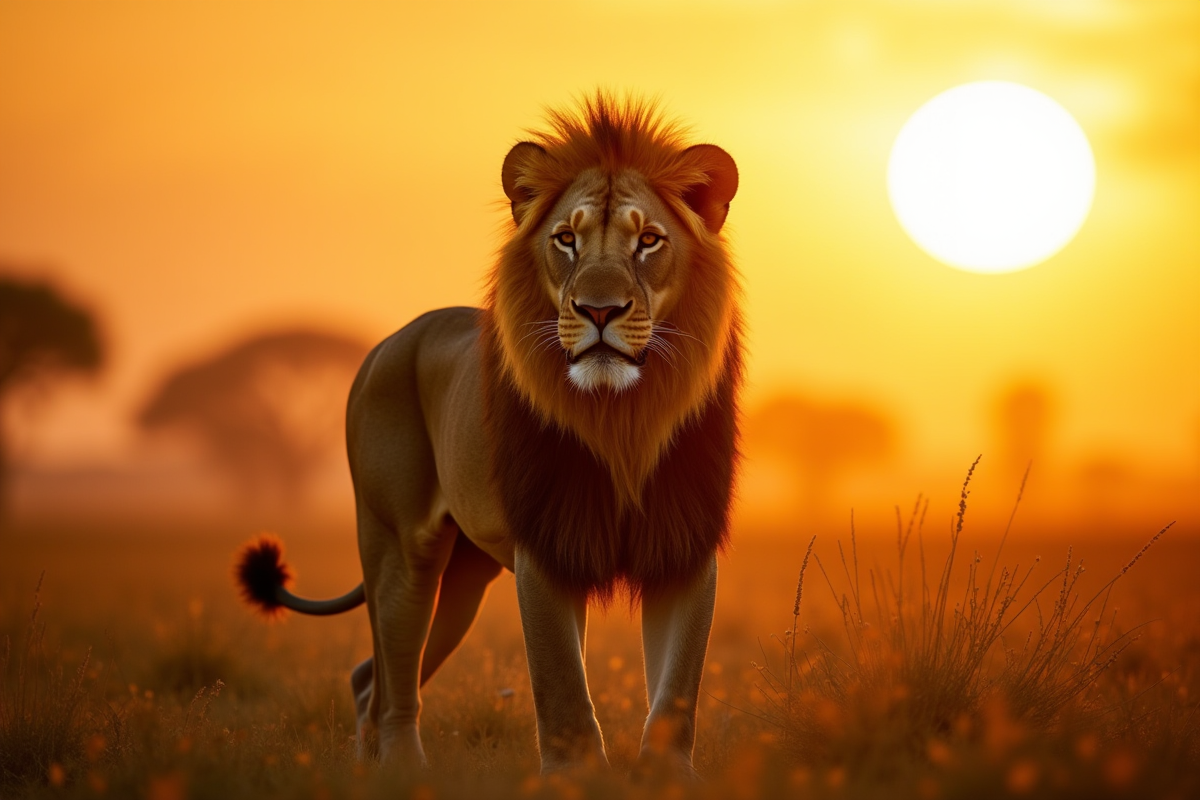 Lion majestueux sur la savane au lever du soleil