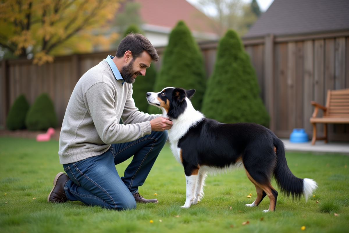 Propriétaire vérifiant son chien dans le jardin