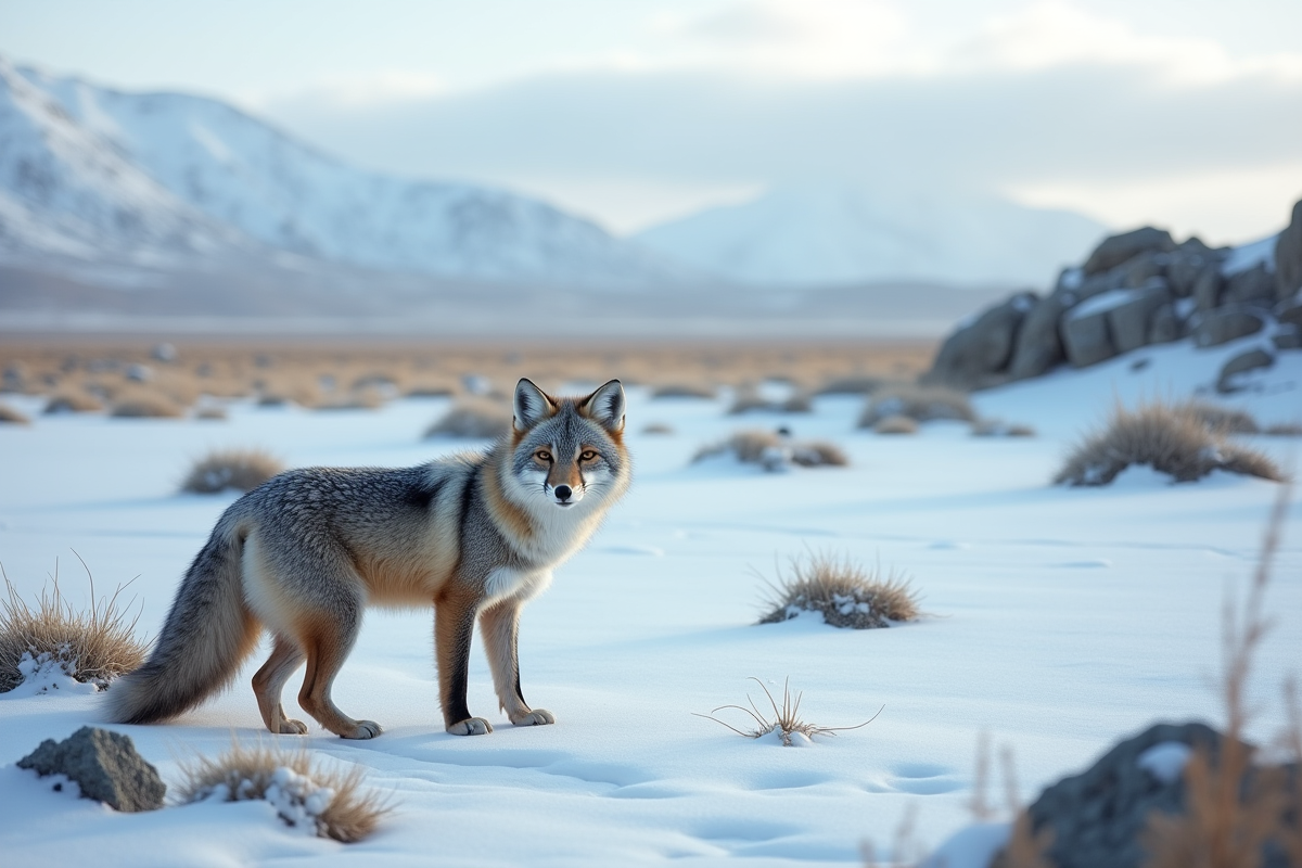 Renard arctique sur une petite zone de neige en terrain rocheux
