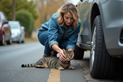 Femme aidant un chat sous une voiture dans la rue