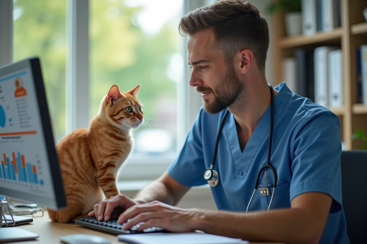 Vétérinaire avec chat orange dans son cabinet professionnel