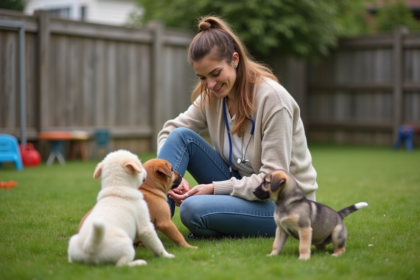 Vétérinaire femme avec chiots dans jardin naturel