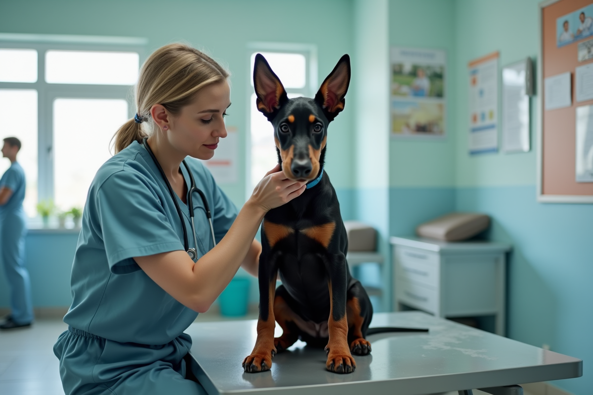 Vétérinaire examine un Dobermann détendu en clinique