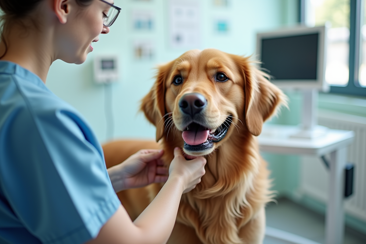 Vétérinaire examinant un chien dans une clinique moderne