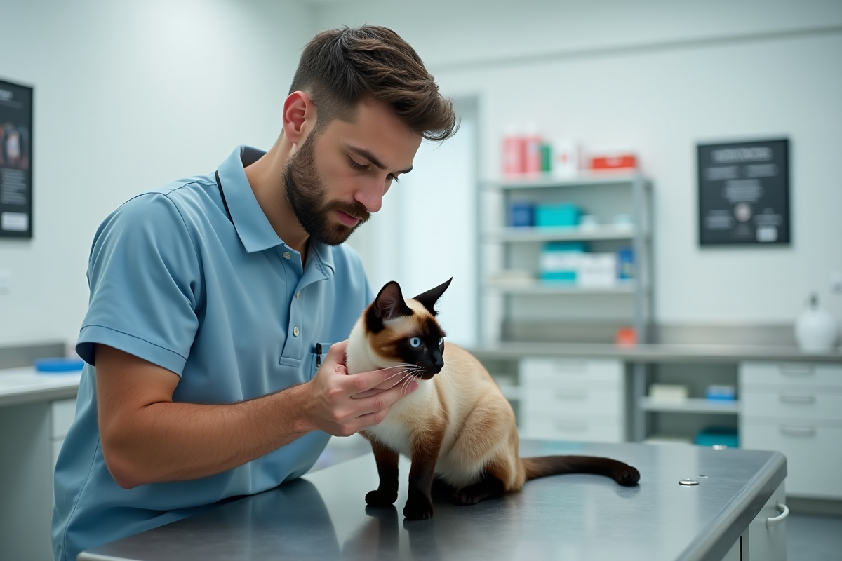Vétérinaire examinant un chat siamois dans une clinique moderne