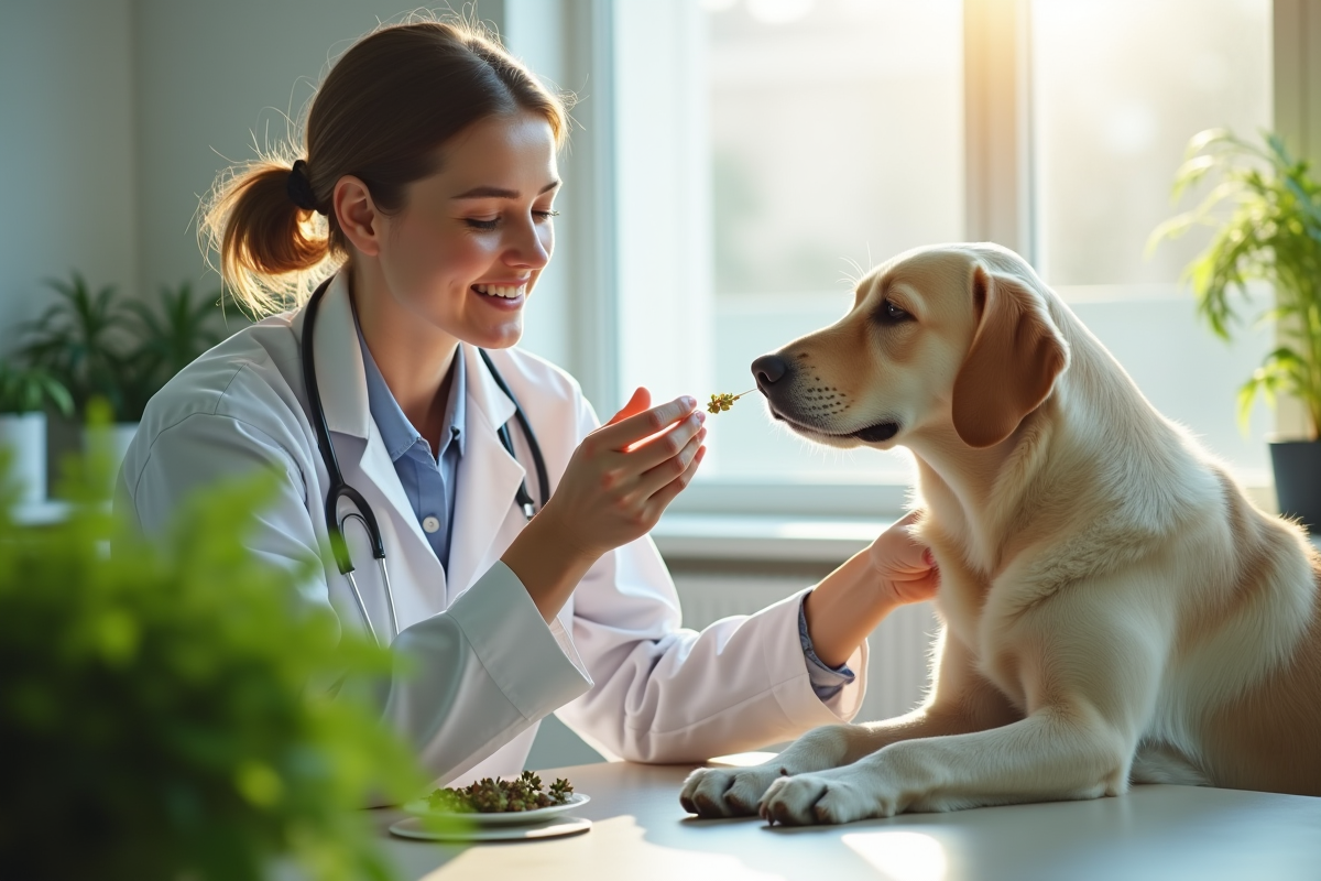 Vétérinaire donnant un remède naturel à un chien âgé dans une clinique moderne