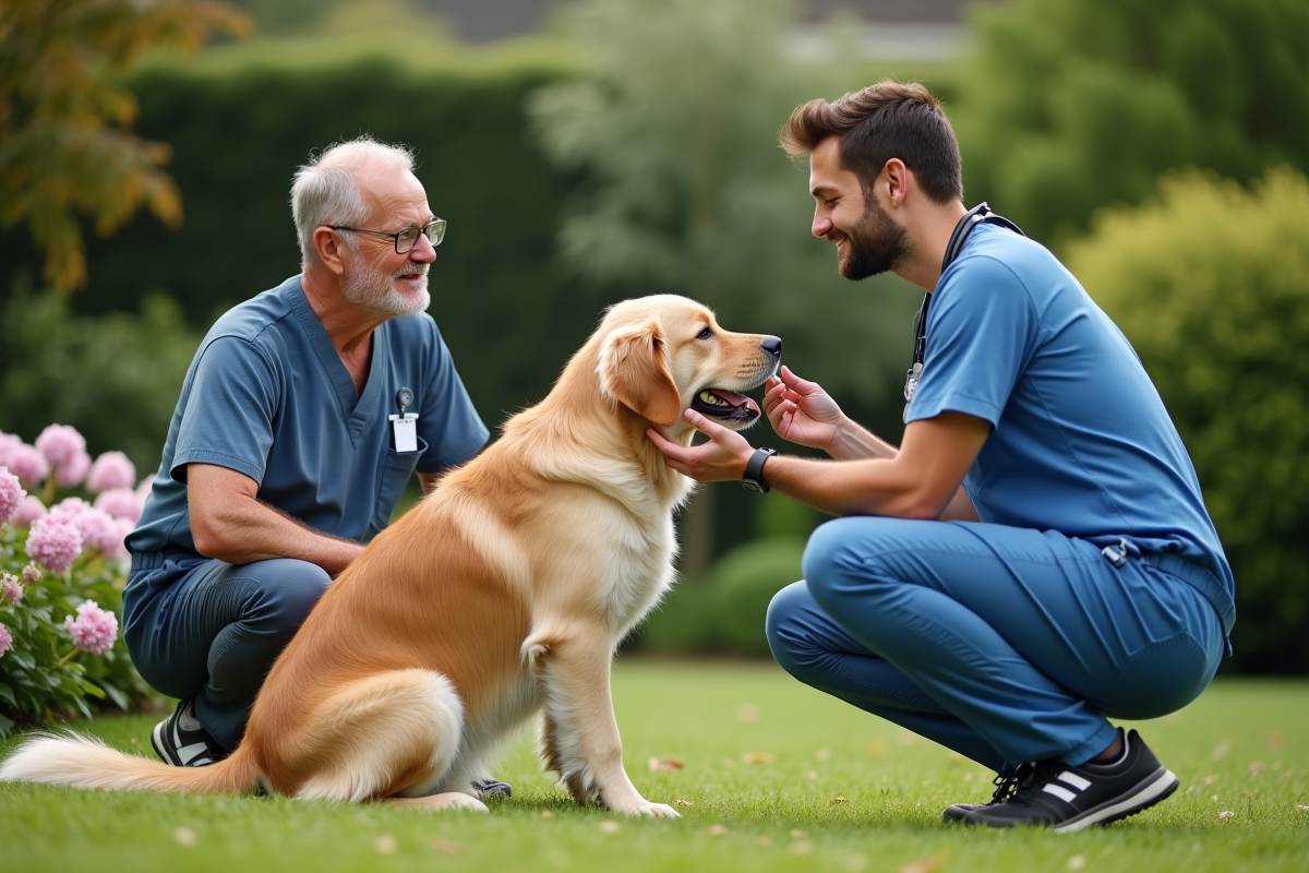 Vétérinaire administrant des gouttes à un chien dans un jardin